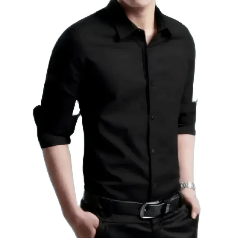 Kemeja Pria Lengan Panjang Polos Baju Casual Slimfit Hitam Kerah Cowok Formal Basic 0