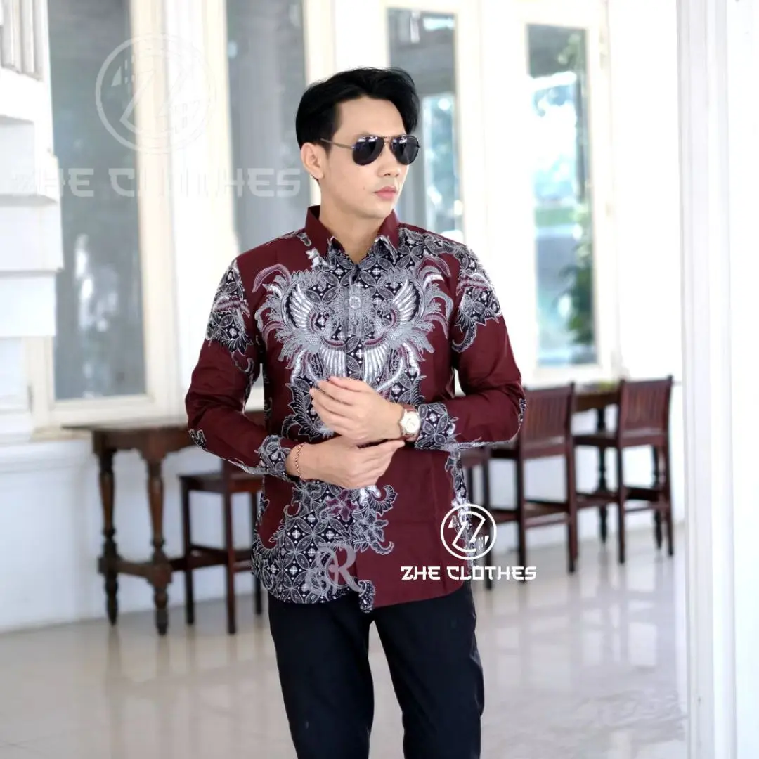 Kemeja Batik Pria Lengan Panjang Bahan Polimikro Motif Rahwana Abang Terbaru Kantor