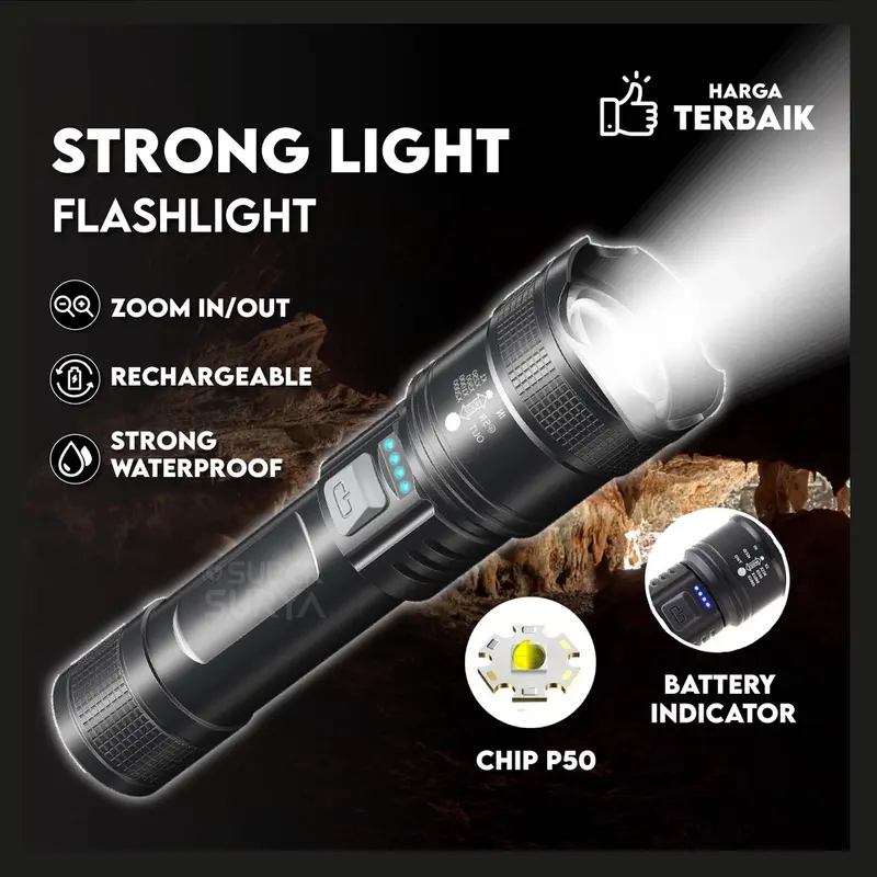 WEWANT Senter P50 LED Super Terang 300 Lumens Lampu Cas Flashlight Zoom Swat Police Rechargeable Baterai 0