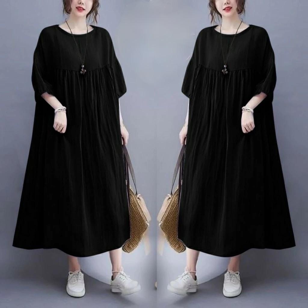 Davina Dress Jumbo Rayon remium lengan karet 7/4 dress midi oversize korean style Casual Wanita Nyaman Basic Katun Gaun Panjang Formal