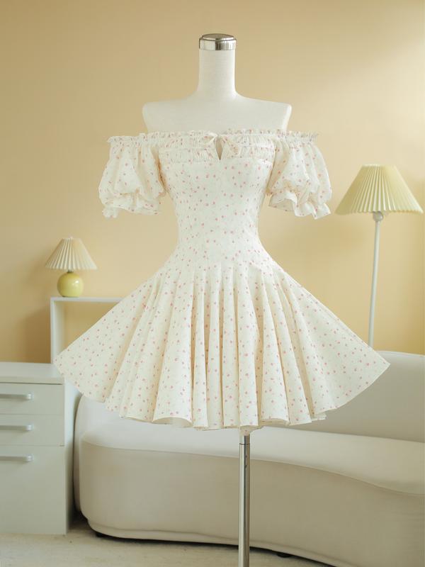 SÒ VINTAGE - LEPIA Đầm hoa trễ vai ép họa tiết nổi dáng xòe