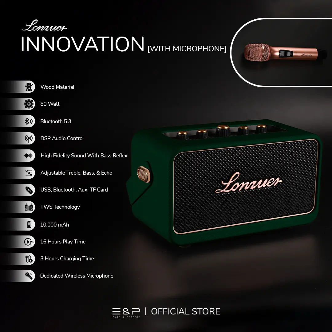 Lonzuer INNOVATION by Easy & Perfect | Bluetooth Speaker Portable With DSP Audio Control | 80 Watt Output Power With Adjustable Treble And Bass | High Fidelity Sound With Bass Reflex | Comes With a Premium Wireless Microphone