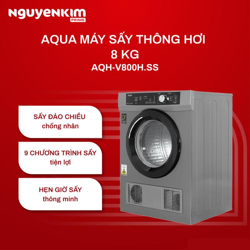 Máy sấy quần áo Aqua 8 kg AQH-V800H.SS, sấy chống nhăn, sấy thông hơi khô nhanh
