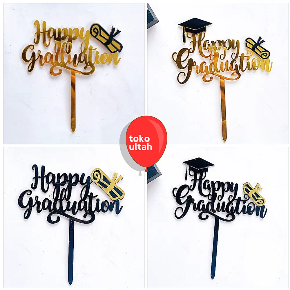 Topper Akrilik Happy Graduation untuk Hiasan Dekorasi Kue / Buket Kelulusan, Wisuda Warna Gold Hitam