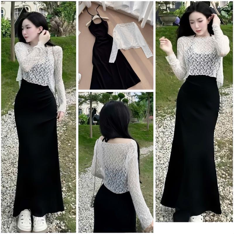Set đầm yếm thun ladong dáng đuôi cá kèm áo lưới thiết kế cổ yếm dây cột sang chảnh sành điệu thích hợp cho nữ mặc đi chơi đi di lịch