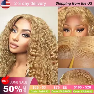 32 Inch Glueless Honey Blonde Curly Human Hair Wig 13x4 HD Lace Front Wig #27 Deep Wave Human Hair with Baby Hair 180% Density