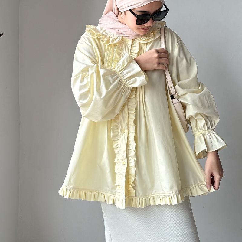 LEONIE POPLIN BLOUSE Atasan Baju Panjang Katun Lembut Oversize Wanita Motif Ruffle 3