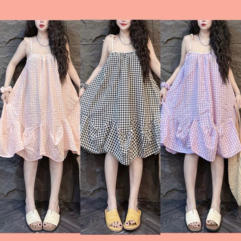 KÈM SCRUNCHIE Váy hai dây caro đuôi cá bí phồng cột nơ vai babydoll ulzzang