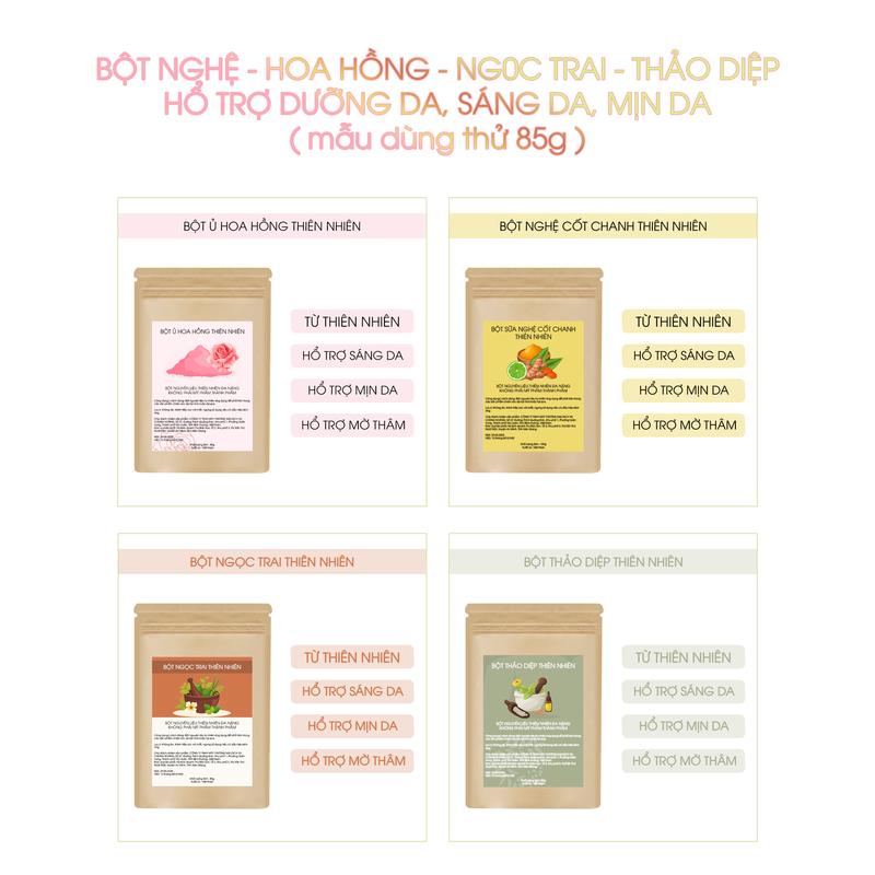 BỘT NGHỆ - HOA HỒNG - NG0C TRAI - THẢO DIỆP - CÀ CHUA - BƠ NGÀ - HỔ TRỢ DƯỠNG DA, SÁNG DA, MỊN DA ( mẫu dùng thử 50g )