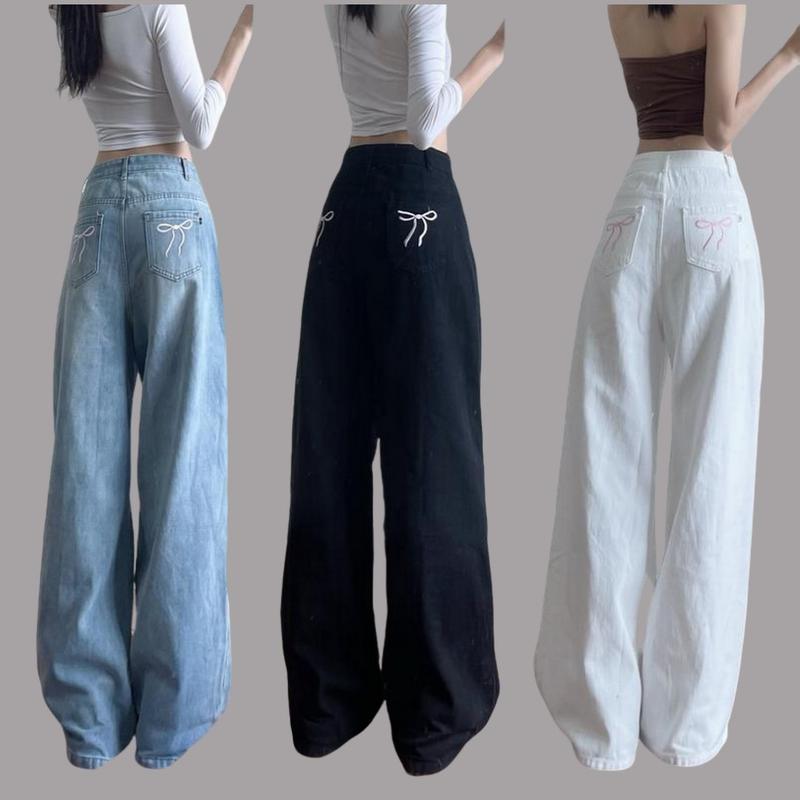 Quần jean nữ CENLILI ống suông thêu nơ vải jean mềm mịn - QD612 Women Pants Ong Đen Kem