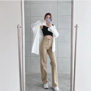 HIGHWAIST KULOT JEANS LOOSE KHAKI-Celana Jeans Wanita non stret