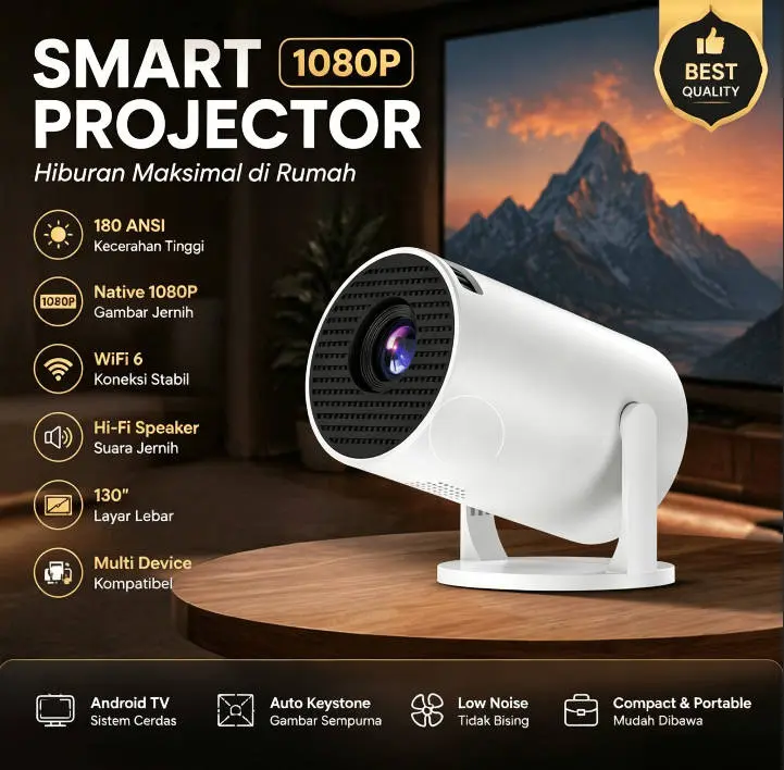 Proyektor HY300 Android 11.0 4K UHD Smart Projector WiFi6 Bluetooth 5.0 1GB+8GB untuk Home Cinema Outdoor dengan Kualitas Gambar 1080P dan Konektivitas Canggih