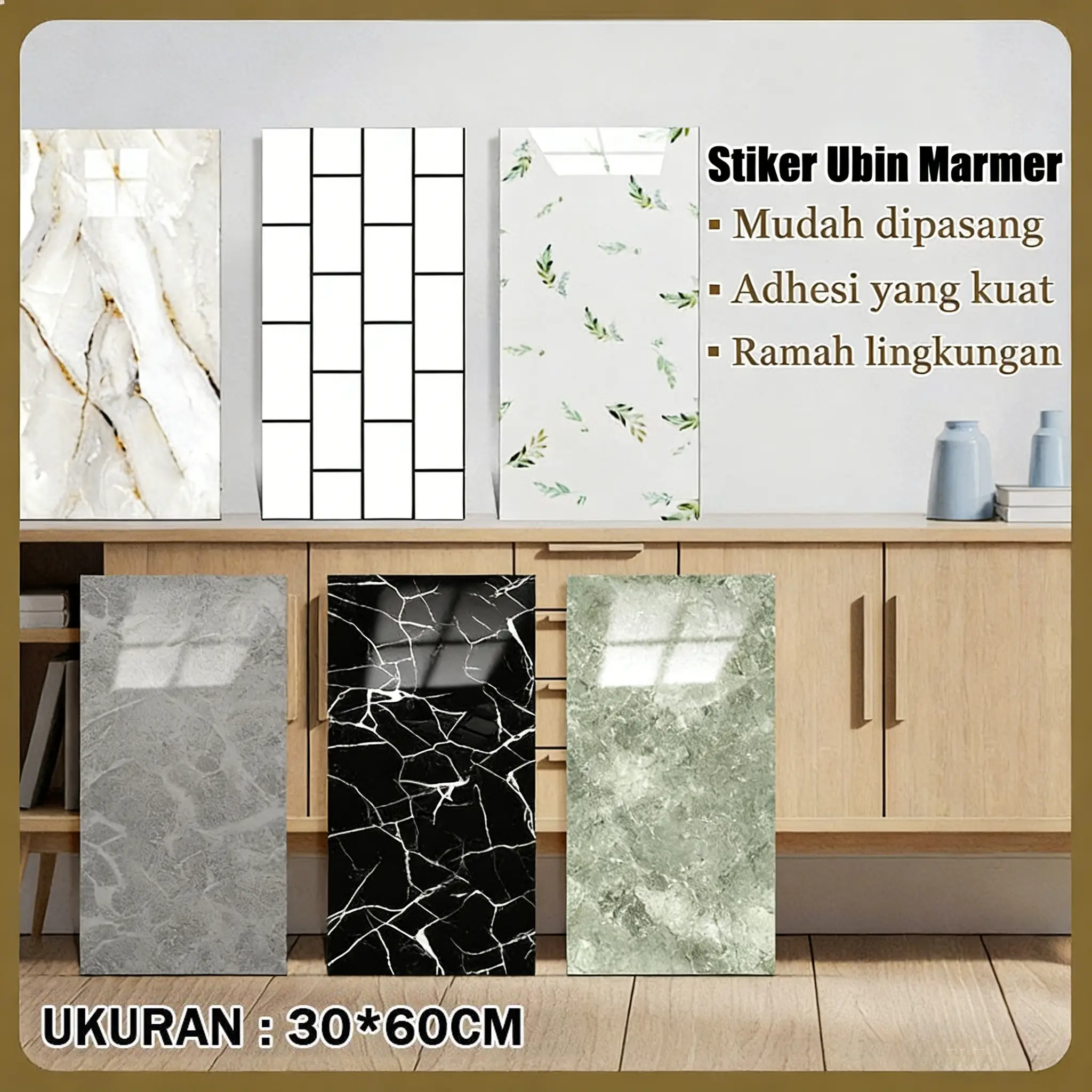 [10/20/40/60 Lembar] Wallpaper Vinyl Dinding Marble 30 x 60 cm(Ketebalan 3mm) Wallpaper dinding vinyl  Stiker Lemari Cabinet MarbelPAHE Wallpaper Dapur Anti Air Dan Api Anti