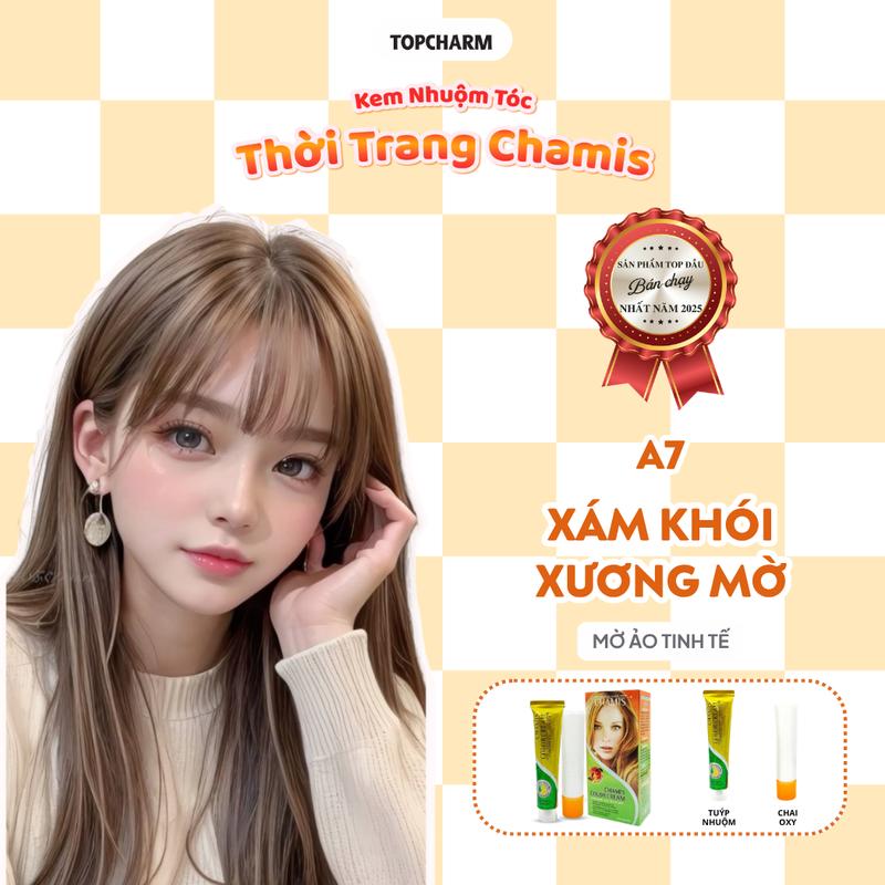  TOPCHARM Kem Nhuộm Tóc Màu XÁM KHÓI A7 Không Tẩy Chamis Lên Màu Chuẩn Siêu Dưỡng Kèm Oxy Bao Tay Lược Đổi Màu Tóc 