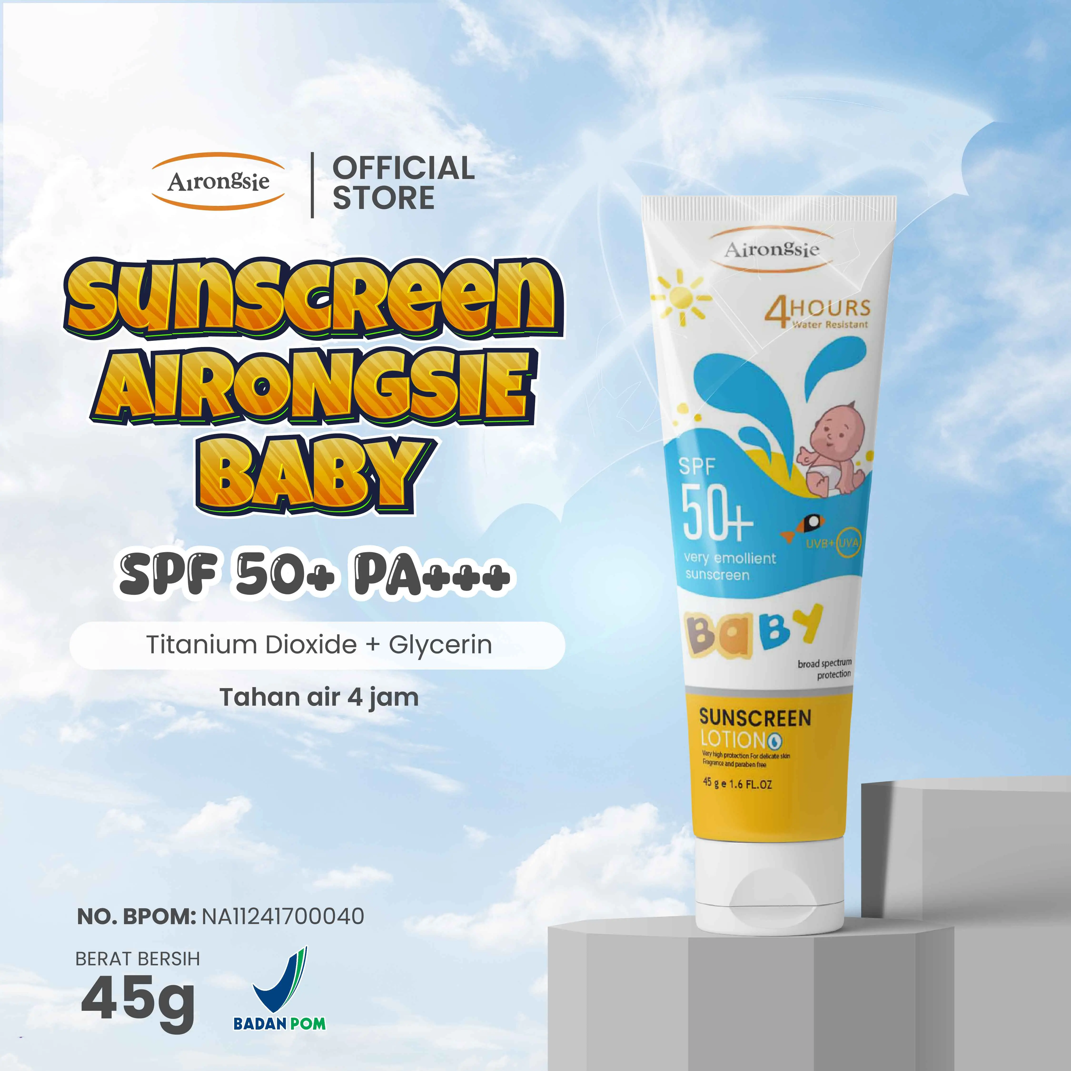 Airongsie [BPOM] Natural mineral children sunscreen SPF 50+ UVA UVB 4 Jam Waterproof