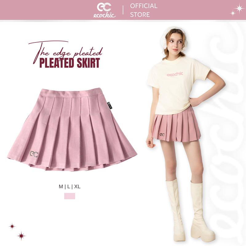 Chân Váy Xếp Li Ngắn Dáng Xoè ECOCHIC Logo Tag Kim Loại Hồng Ghi Nâu Đen Trắng F537