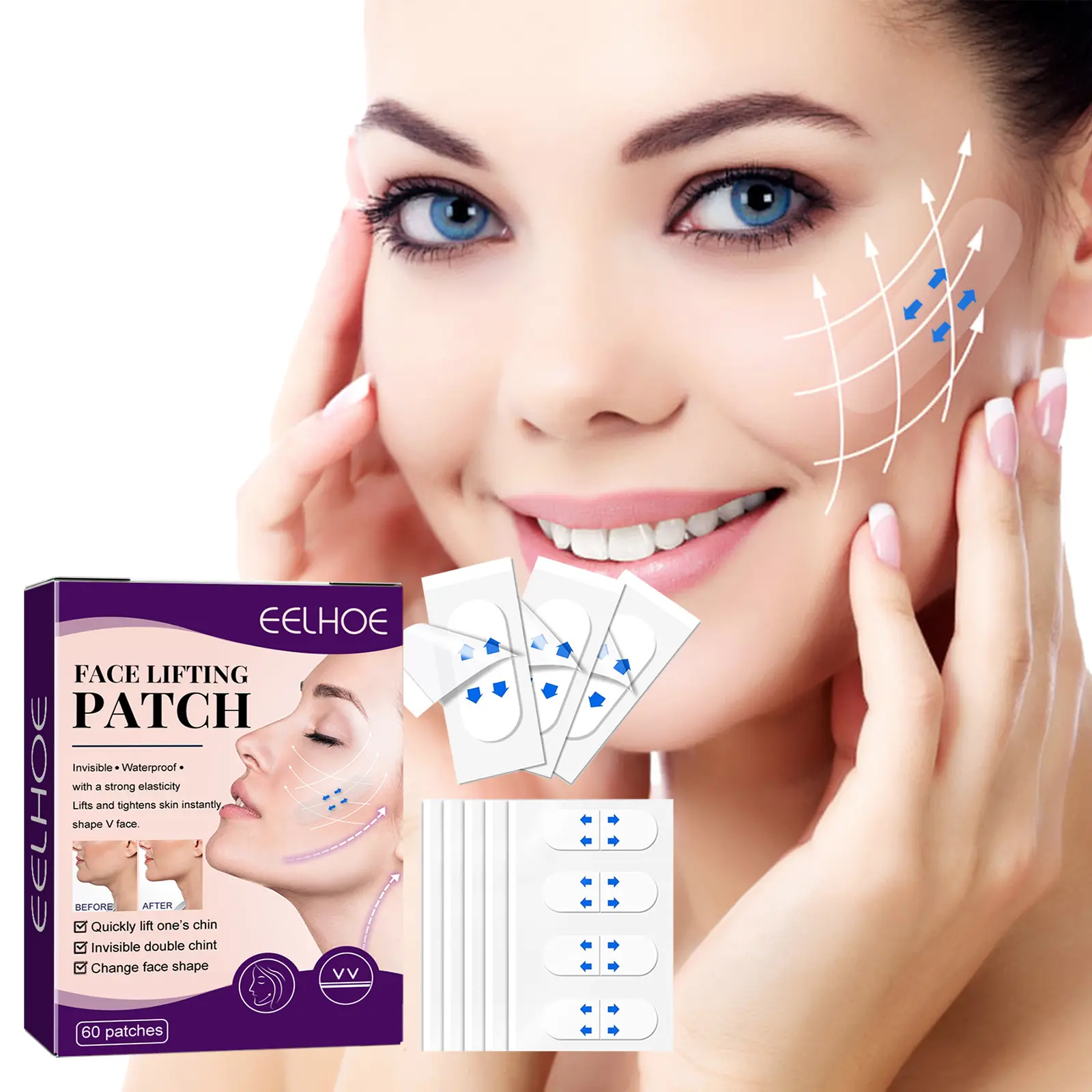 Instant Face Lift Patch Invisible Sticker Tape V Shape Thin Face Lift Tape 60pcs Face Tape Stiker Selotip Penirus ajah Anti Kerut Alat Penarik Wajah Anti Aging