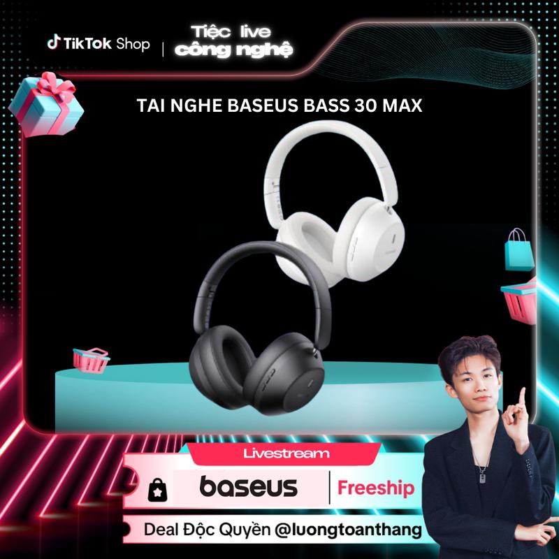 [Baseus x Luongtoanthang] Tai nghe không dây Baseus Bass 30 Max với công nghệ ENC, khử ồn -30dB, âm trầm mạnh, kết nối Bluetooth 5.3, pin trâu 50 giờ. Thiết kế chụp tai êm ái, gập gọn dễ dàng. Mua ngay giá tốt!