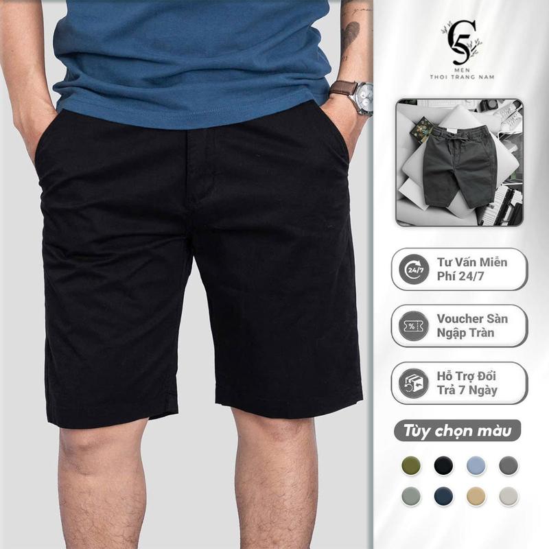 Quần short kaki co giãn  Quần Lửng Có Túi Menswear Nam Cạp Cao Lưng Cao, day kéo khoá đồng