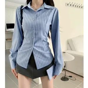 S.Y Kemeja Stripe wanita Pinggang Lengan Panjang Korean Style Kekinian Blouse Pinggang Dapat Disesuaikan
