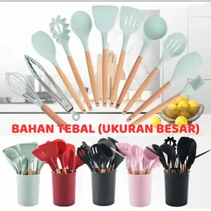Silicone Utensil 11Pcs+Wadah Spatula Peralatan Masak Sutil Pegangan Kayu Baking Set Alat Masak Kuas Sendok Silikon Kitchenware