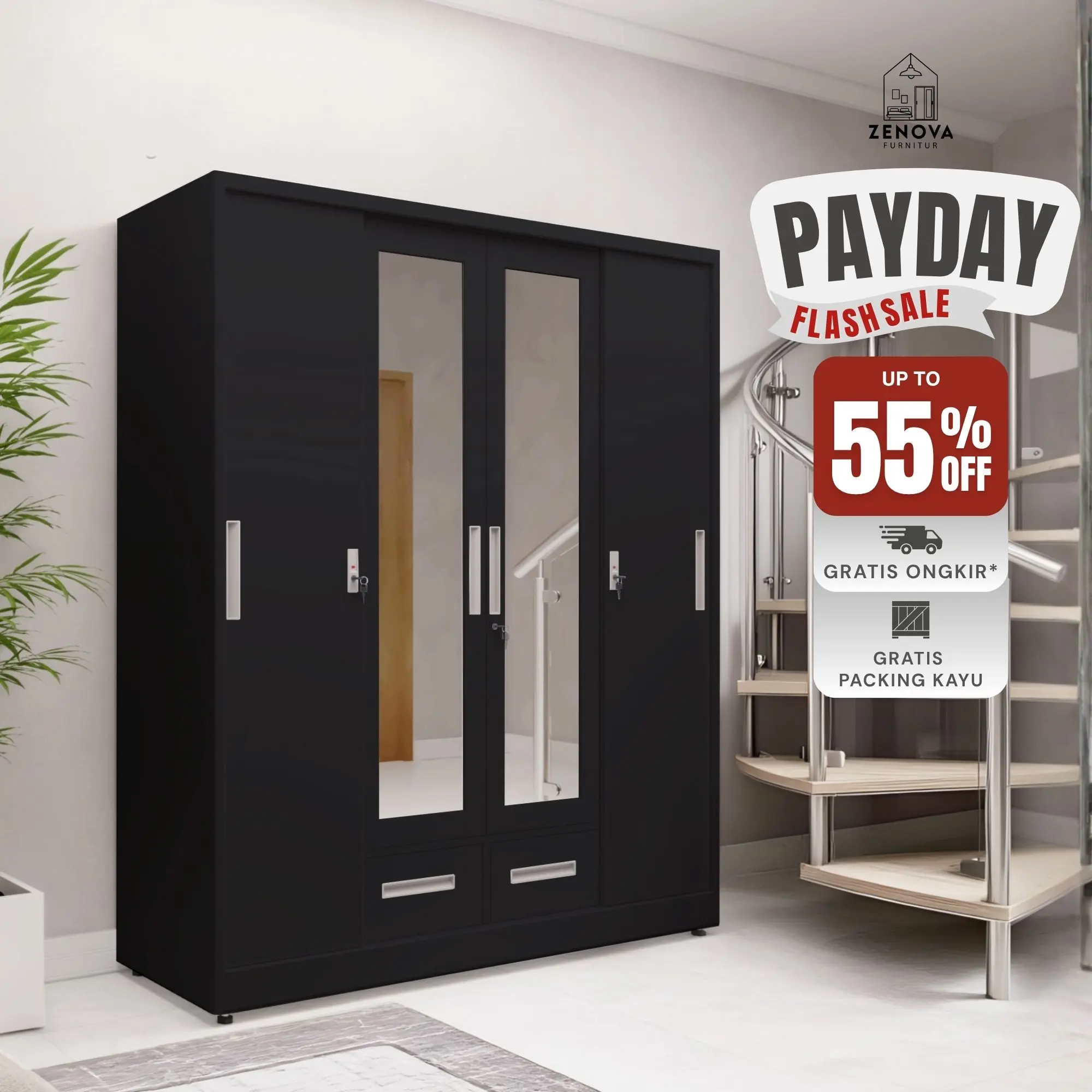 ZENOVA Lemari Besi 4 Pintu Sliding 160cm - 2 Cermin + 1 Gantungan | Kapasitas Besar Hemat Ruang Anti Karat