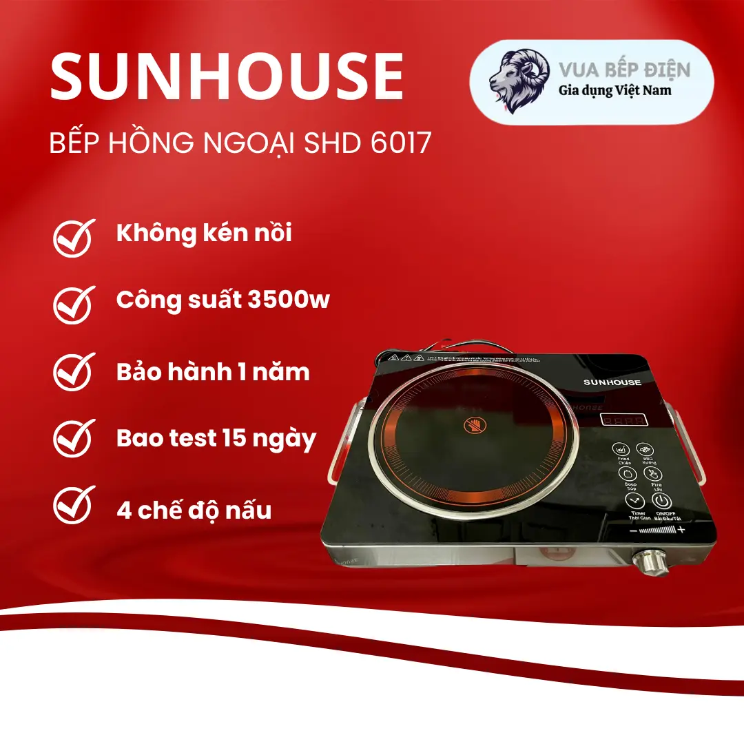Bếp Hồng Ngoại Cảm Ứng SUNHOUSE SHD6017, Bếp Hồng Ngoại Đơn Sunhouse Công Suất Lớn 3500W - Bảo Hành 6 Tháng
