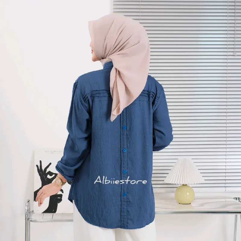 Kemeja Wanita LAURA Lengan Panjang Bahan Pololinen Baju Atasan Cewek Variasi Kancing Belakang 4