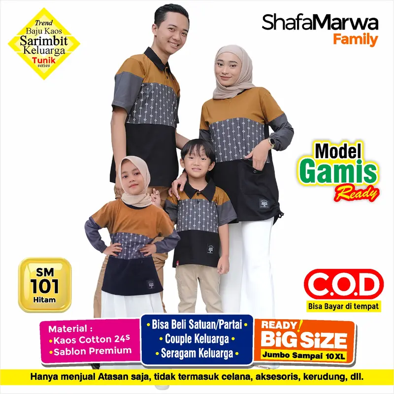 Shafamarwa Kaos set Couple Keluarga Baju Atasan Tunik Sarimbit Family rekomendasi Lebaran Ayah Ibu Wanita dan Anak Cowok Cewek SM101 Hitam Muslim Pasangan Dewasa Katun 0
