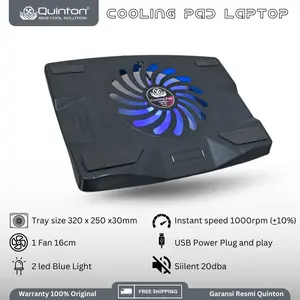 QUINTON kipas laptop cooling pad type samoon hitam 1 fan laptop computer 14inch LED BIRU Plastik cooling pad