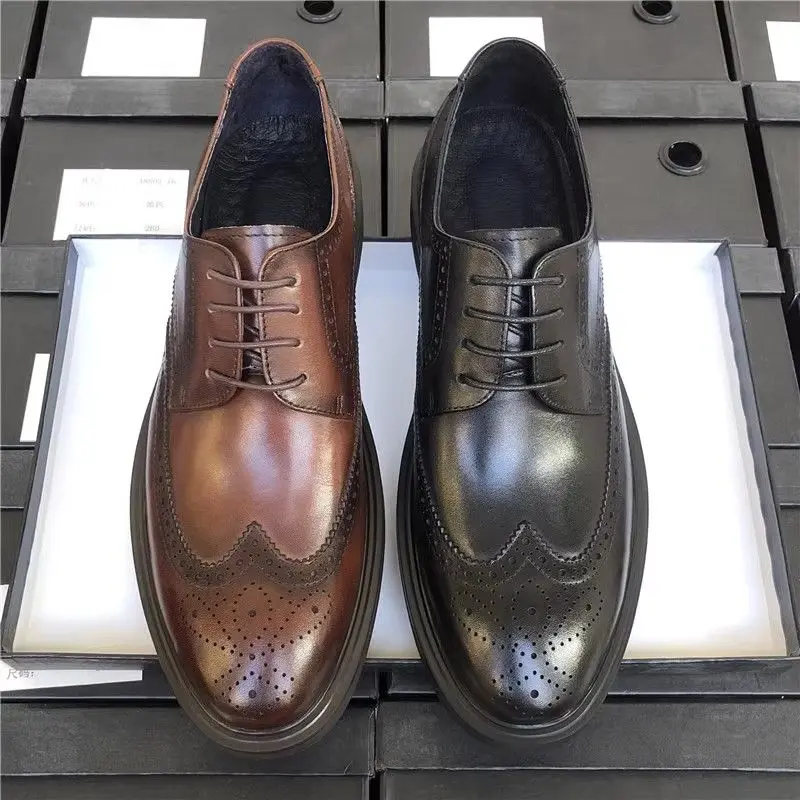 Wide Toe Brogue Leather Shoes Men's Business Formal Wear Leather Breathable Suit Work Shoes Men's Wedding Shoes