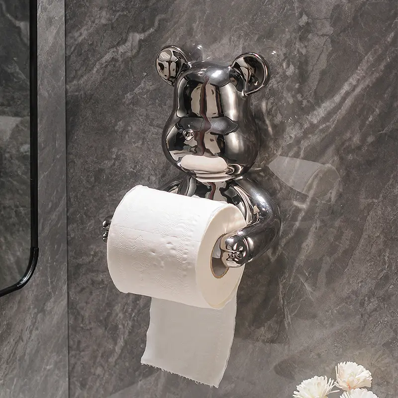Creative Ceramic Bear Wall Hanging Tissue Boxes Drilling-Free Toilet Paper and Towel Holder for Bathroom Use