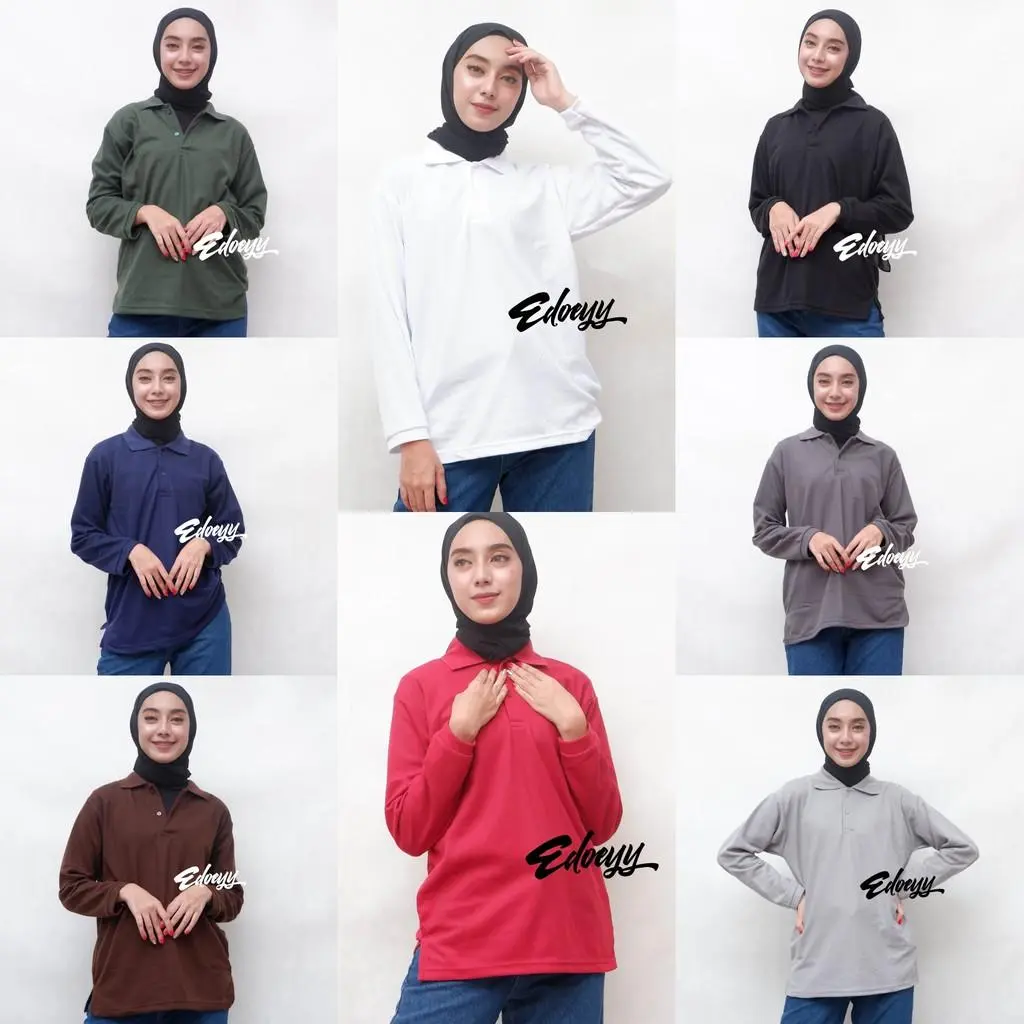 EDOEYY Kaos Polo Shirt Wanita Lengan Panjang - Baju Kerah Berkerah Cewek Lengan Panjang Polos Polos