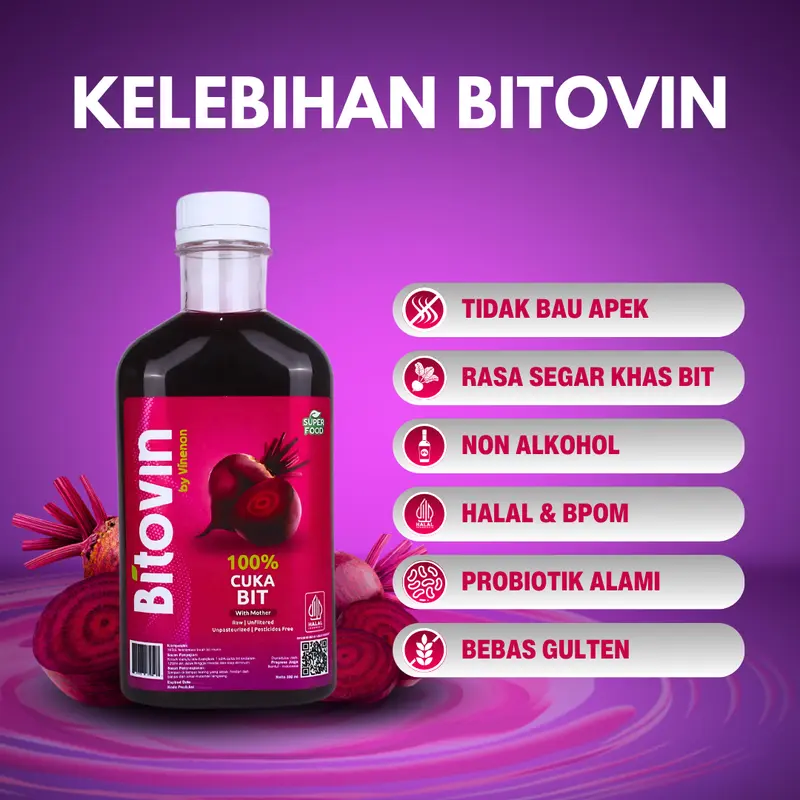 3 Botol BITOVIN Cuka Buah Bit Murni 300ml - Superfood untuk Menjaga Kesehatan Jantung dan Tekanan Darah Normal - Probiotik 2