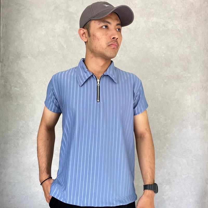 Kaos polo shirt zipper pria Korean Knit baju Polo Shirt Pria Salur Besar resleting Dengan Cutting Slim Fit Kerah Pendek polos half zipper 1
