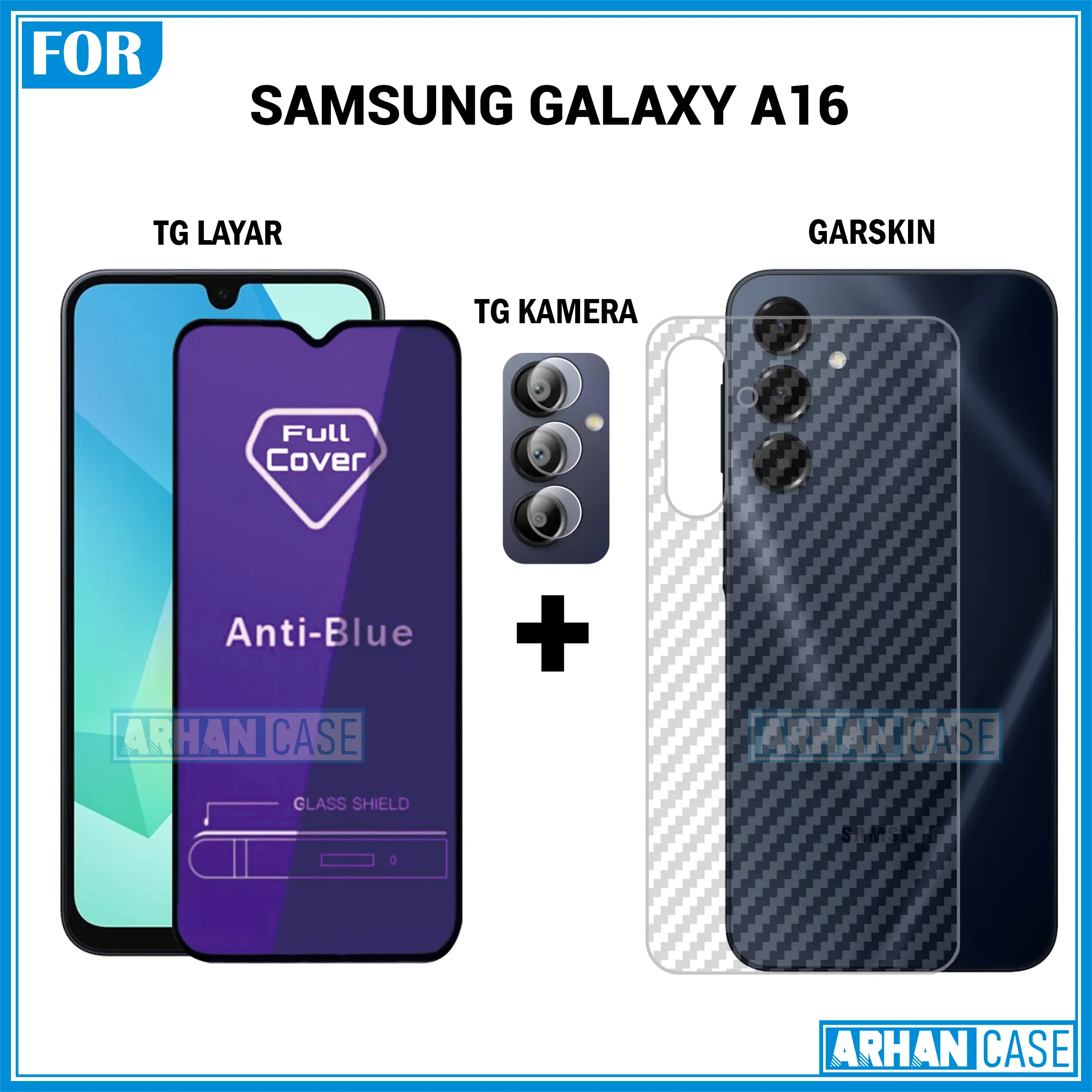 Paket Triple 3in1 Tempered Glass untuk Samsung Galaxy A16 A15 A14 Garskin 3D Plus Pelindung Lensa Camera