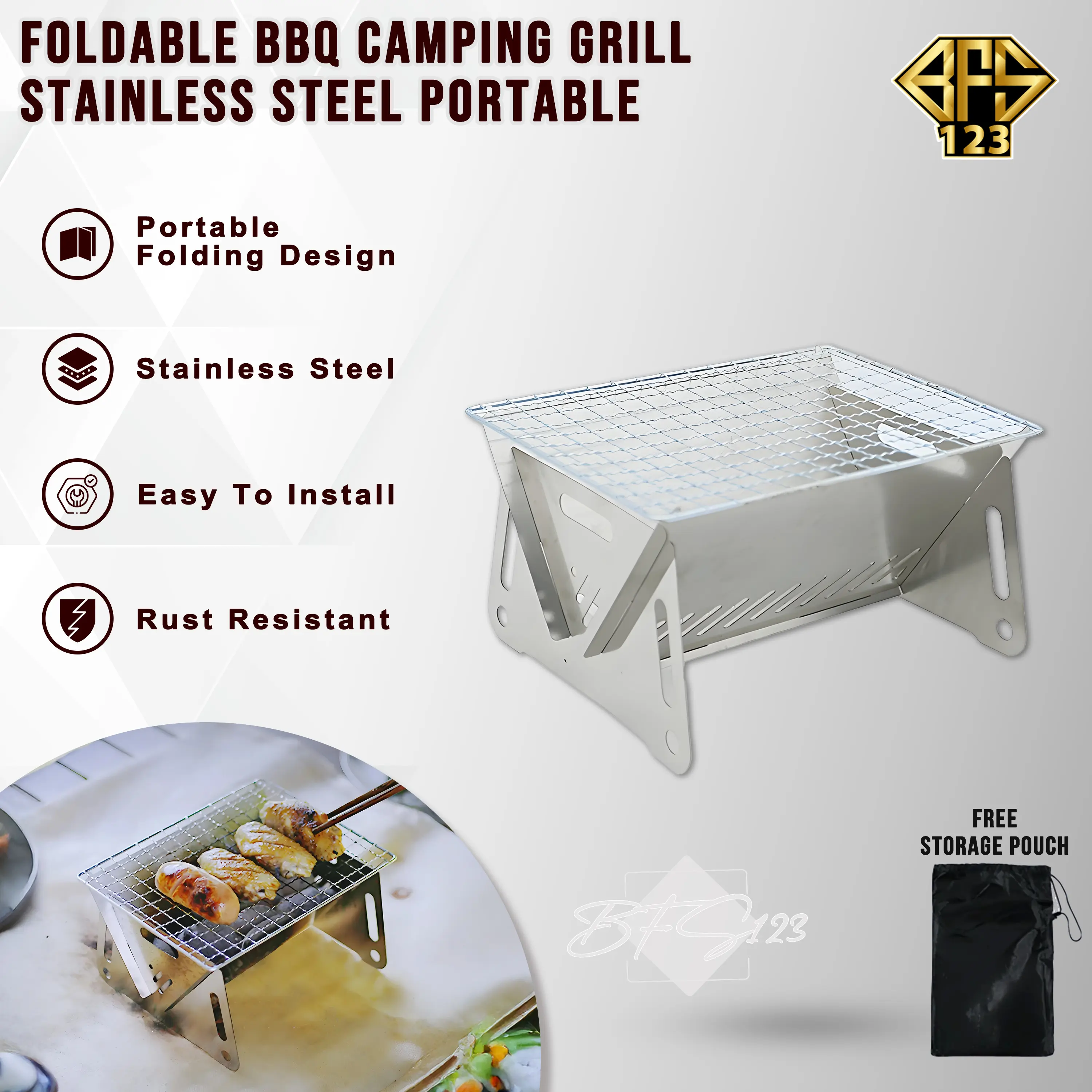 Panggangan BBQ Lipat Stainless Steel Portable Kompor Grill Camping Outdoor