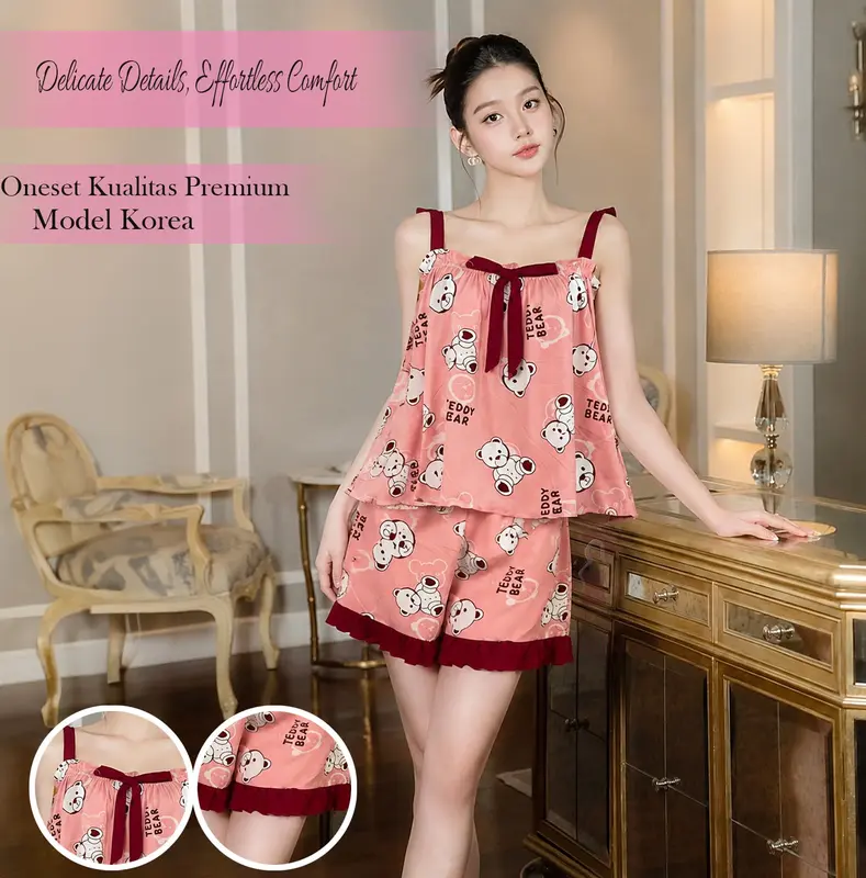 SH | One Set Arzoyi Setelan Wanita Bahan Viskin Sleeveless Hotpants Motif Beruang