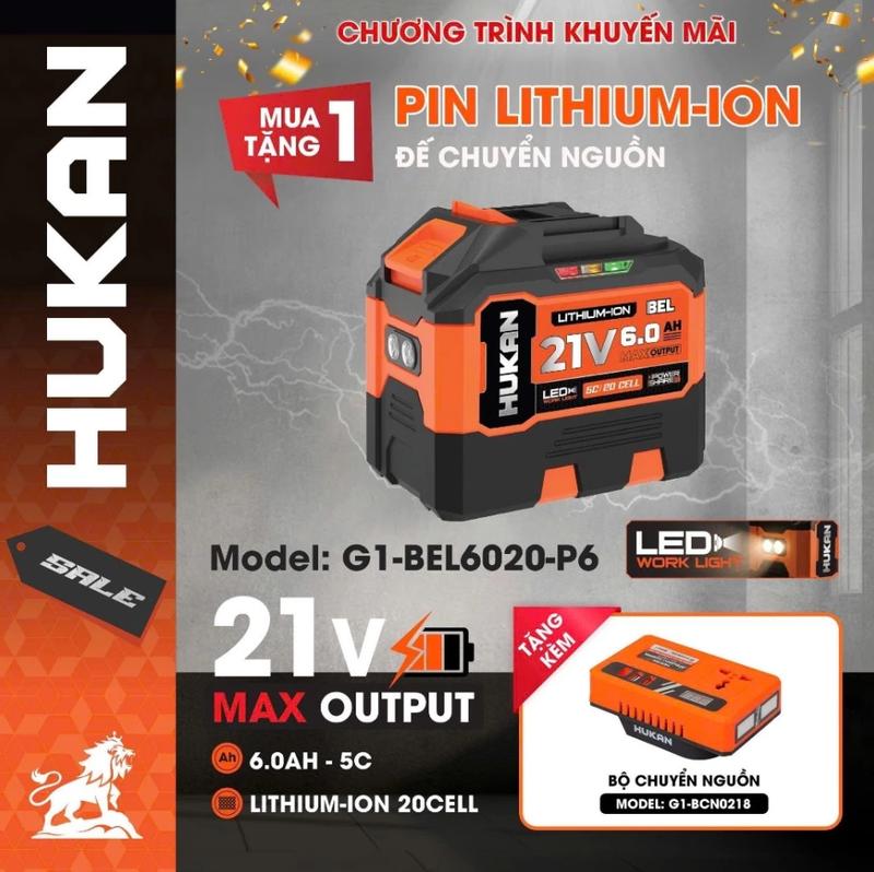 Pin Hukan 6Ah 20 Cell G1-BEL6020-P6, Cổng Sạc Vào Type C - Sạc Ra USB A