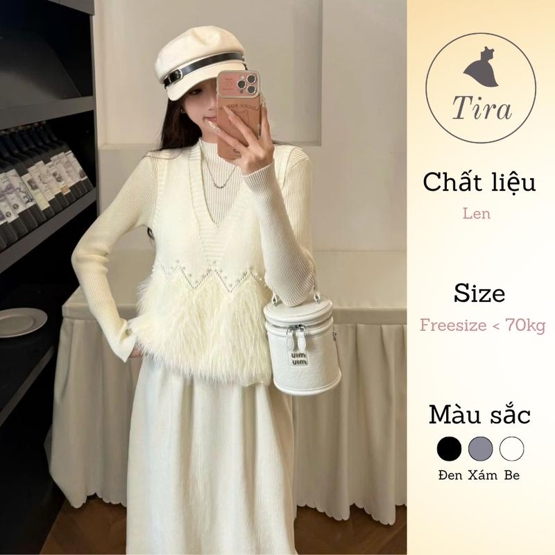 Tira Mama Design M352 Set len gile lông Set len bầu dài tay Váy suông dáng dài Áo gile phối đính đá nhỏ