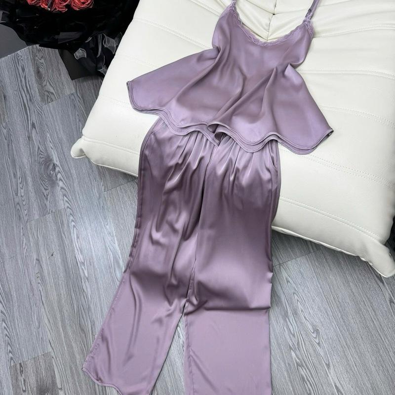 Bộ Dài Nữ 2 dây lụa Latin Gợn Sóng Phối Ren <60kg (90-75-100) - Quần Ngủ Cho Phái Đẹp Women Voi Sen Áo Top Kem