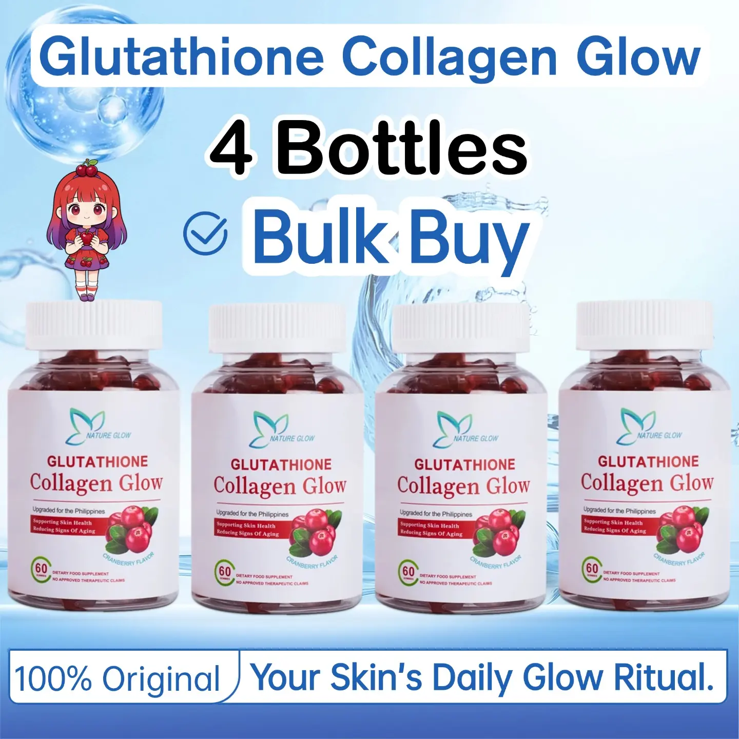 FDA APPROVED】Nature Glow 60PC Glutathione Collagen Glow Gummies cranberry  flavor