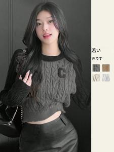 韓国風カラーブロックショート丈セーター レディース 秋冬用ゆったりニット カジュアルフィット 適度な厚みのプルオーバー