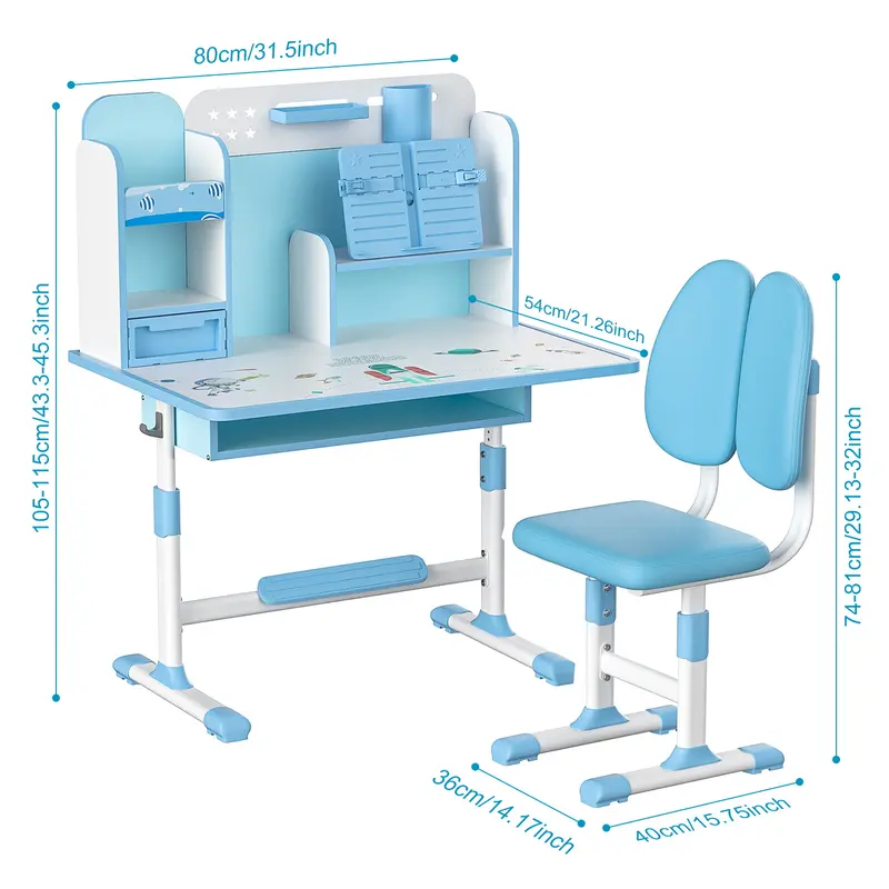 2Pcs/Set Kids Study Desk Chair Set, Height Adjustable Children School Study Table Chair Set with Sitting Corrector, Ergonomic Desk Chair with Book Stand, Foot Pedal, Partition Design (Pink, Blue) 2