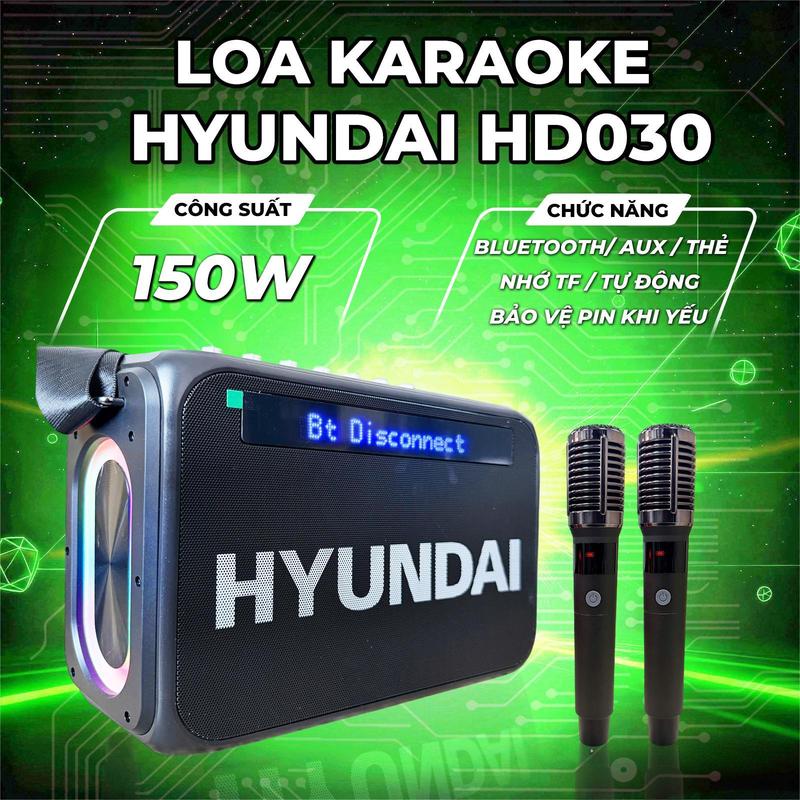 Hyundai Loa Bluetooth Karaoke Xách Tay HD030 Công Suất 150W Đèn LED RGB 2 Micro AUX TP Card USB Âm Thanh Mạnh Mẽ