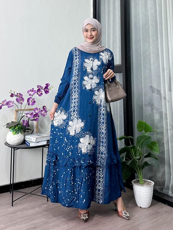 Naya Batik -  Gamis Twill Ori Motif Garis Cap Malaman Bukan Sablon Dress Muslim Wanita Motif Baladewa Hitam Lengan Karet Rempel Bawah Full Kancing Tali Samping Katun Rayon Putih 6