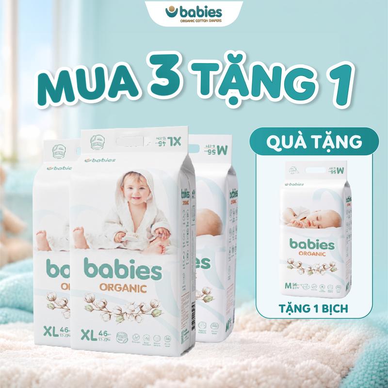 Combo 4 Bịch Tã/Bỉm Babies Organic có đủ size, thấm hút thần tốc lên đến 1400ml, chống tràn, siêu mềm mịn cho bé, đủ size từ NB - 3XL