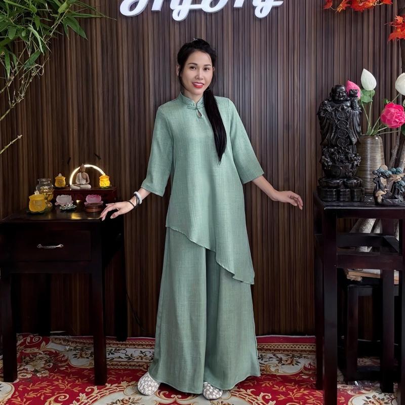 Thiên Di - Bộ Pháp Phục Lễ Chùa Nữ Bigsize Tay Ngắn Tà Xéo Quần Giả Váy Trẻ Trung HyHy