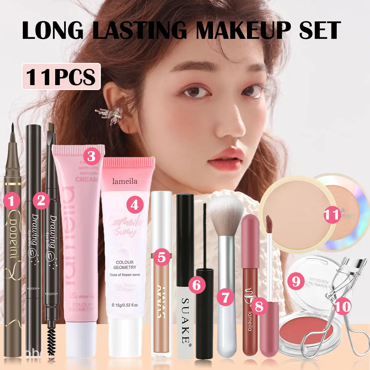 11PCS/SET Makeup Complete Set Makeup Primer+BB Cream+Lip Glaze+Eyeliner Pen+Eyebrow Pencil+Mascara+Concealer+Blush+Makeup Brush+Eyelash Curler+Setting Powder Compact 24H Long Lasting For School Student Beginner