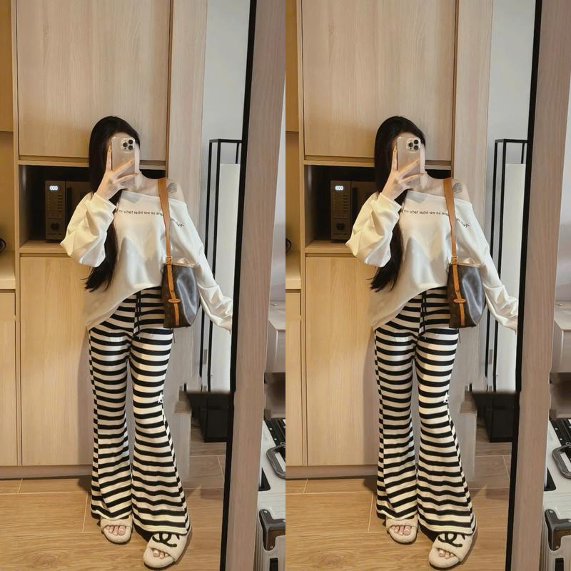  Sét bộ   Áo + Quần   áo trắng dài tay lệch vai co giãn thoải mái Hot Trend Tôn da Mix Quần dài kẻ sọc ống leo tôn dáng Đi chơi duyên dáng - Dành Cho Nữ + TOP WOMEN 